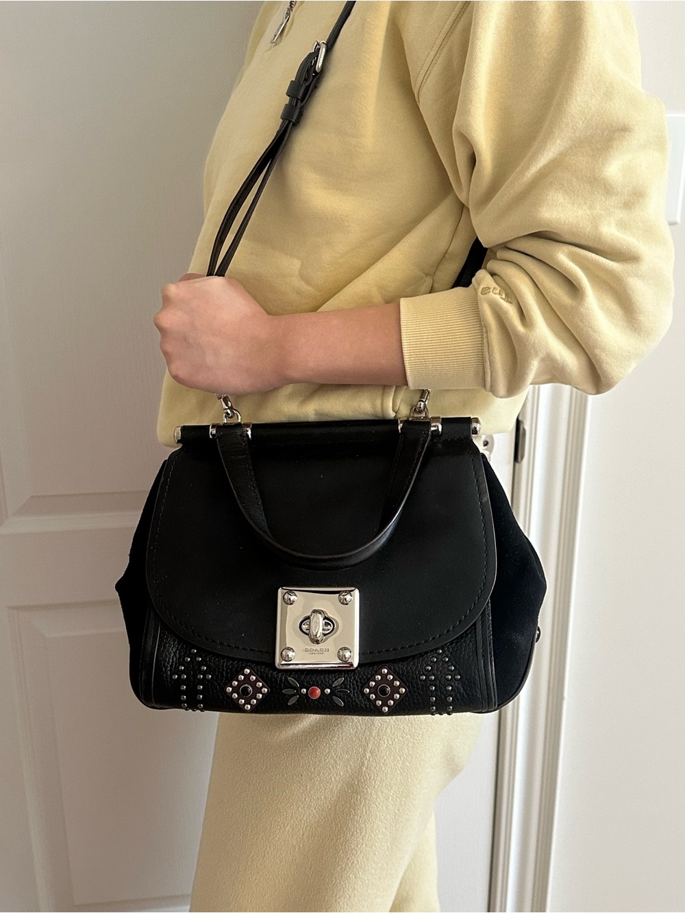 Coach Black Leather Top-Handle Satchel with Silver Hardware and Stud Details - Picture 2 of 3